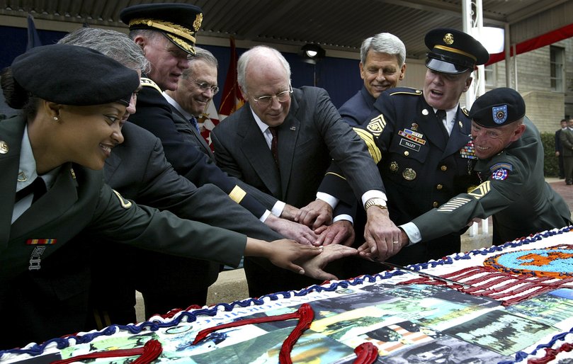 FILE — Vice President Dick Cheney cuts a cake at a ceremony celebrating the Army's 228 birthday at the Pentagon center courtyard in 2003.