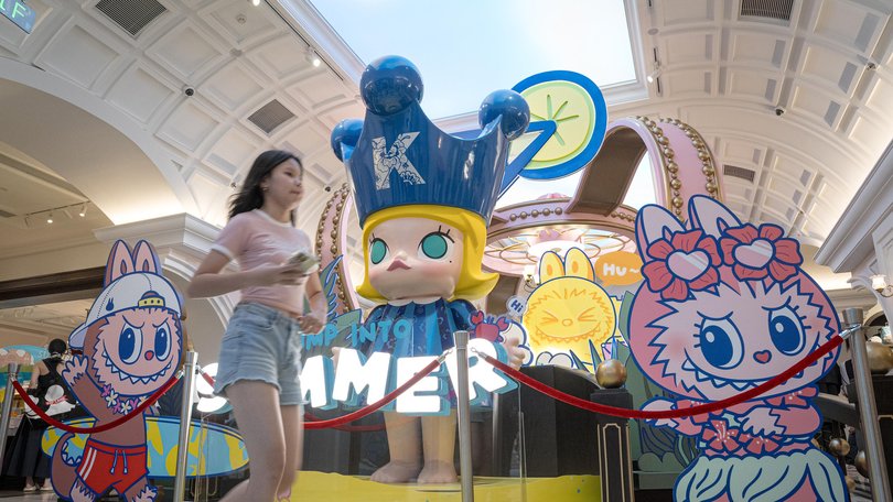 A display includes the character Molly, centre, and Labubu at the Pop Land theme park in Beijing, China. 