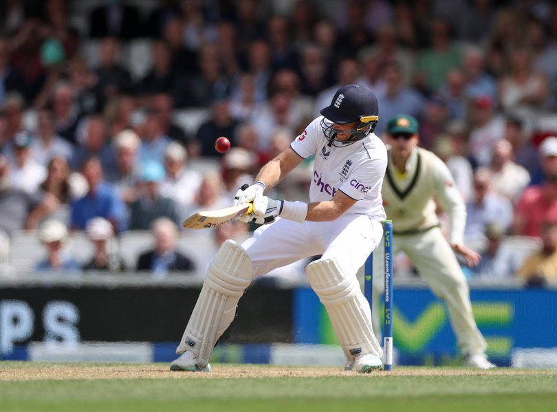 Joe Root of England plays a ramp shot off the bowling of Mitchell Marsh