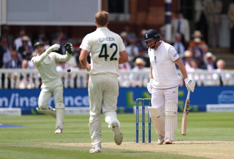 Alex Carey of Australia throws the ball into the stumps to run out English batsman Jonny Bairstow during Day Five of the Ashes second Test match at Lord's in 2023.