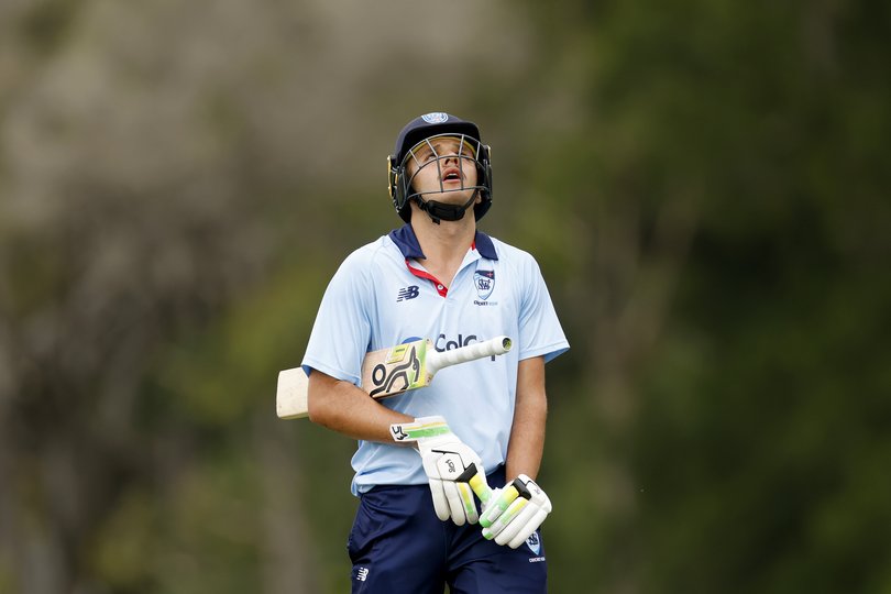 SYDNEY, AUSTRALIA - NOVEMBER 03: A disappointed Sam Konstas of the Blues walks from the ground after being dismissed during the One Day Cup match between New South Wales and Queensland at Cricket Central, on November 03, 2025, in Sydney, Australia. (Photo by Darrian Traynor/Getty Images)