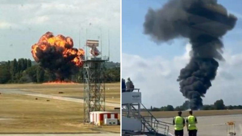 A light aircraft has crashed at London Southend Airport, sending fire into the sky.