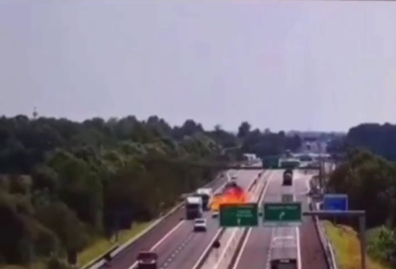 The ultralight aircraft plunged from the sky onto the busy road in Italy’s Brescia region.