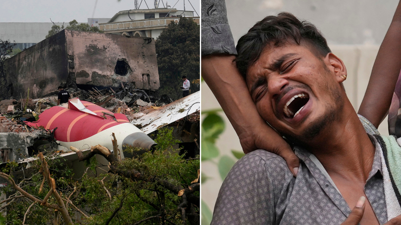 Left: Air India plane crash wreckage in Ahmedabad. Right: Kalpesh Bhai, whose 14-year-old brother was killed in the disaster, wails outside the autopsy room of a hospital.