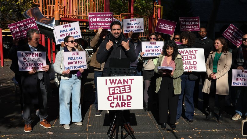 Then assembly member Zohran Mamdani speaks during a press conference on Universal Child Care at Columbus Park Playground on November 19, 2024 in New York City. 