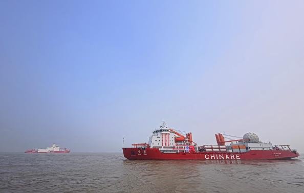 China's polar research icebreakers Xue Long and Xue Long 2, or Snow Dragon and Snow Dragon 2, set sail from their base dock in Shanghai, east China, November 1, 2025.