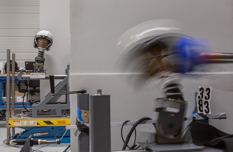 A dummy in the football helmet testing area of the Biocore facility in Charlottesville. MUST CREDIT: Cal Cary/For The Washington Post