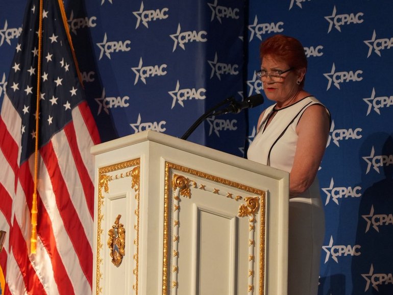 Pauline Hanson takes aim at Labor and Coalition during CPAC at Mar-a-Lago, Florida