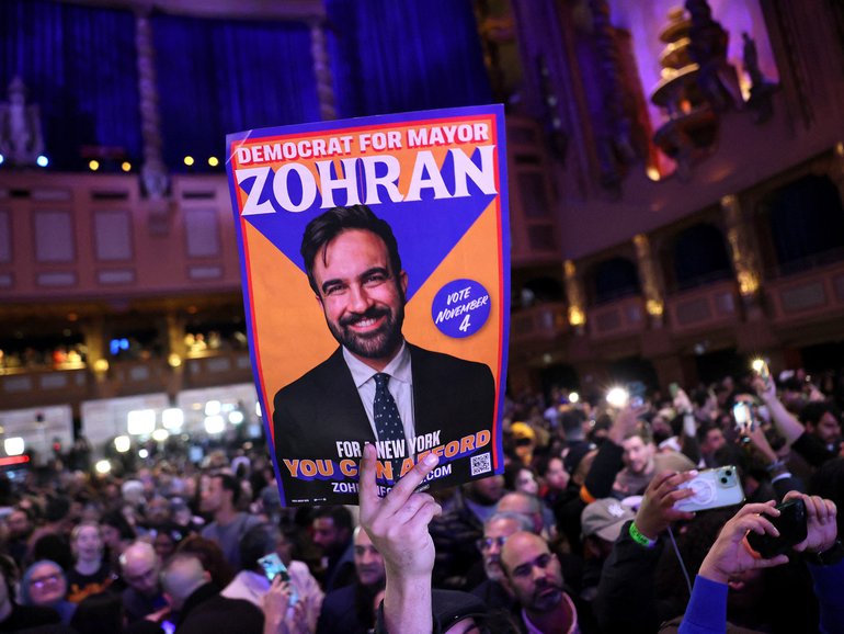 Supporters attend the election watch party for the new New York City mayor Zohran Mamdani.