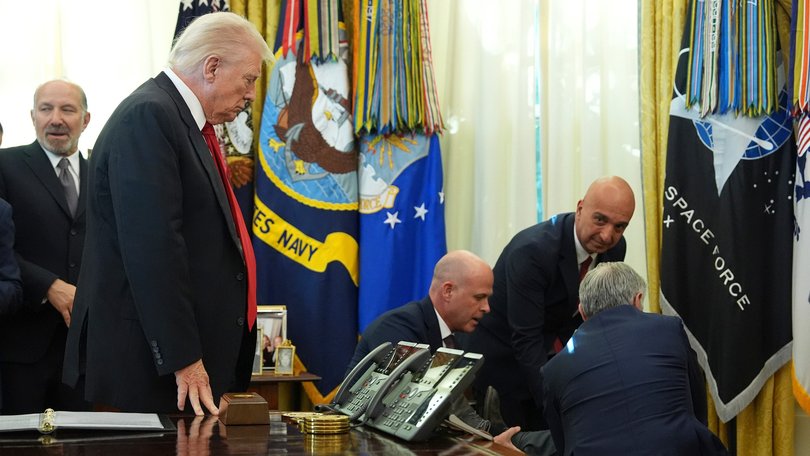 Donald Trump watches as a man faints in the Oval Office.