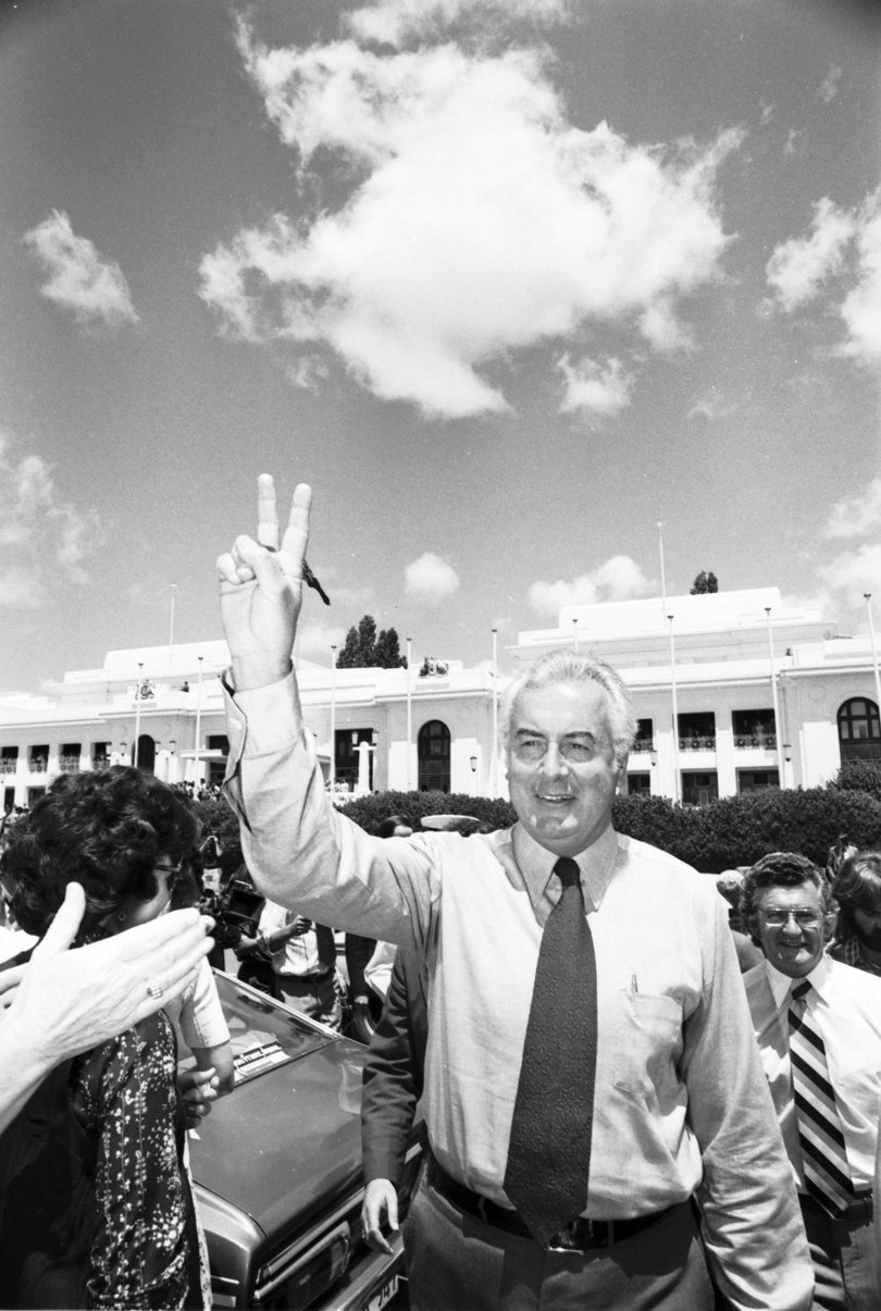 Gough Whitlam with Bob Hawke at a rally outside Parliament House in Canberra on 12 November 1975.