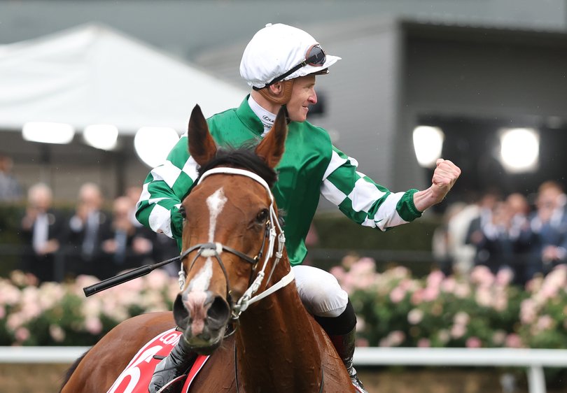 MELBOURNE, AUSTRALIA - OCTOBER 25: James McDonald riding #6 Via Sistina celebrates after winning race ten the Cox Plate during Cox Plate Day at Moonee Valley Racecourse on October 25, 2025 in Melbourne, Australia. (Photo by Robert Cianflone/Getty Images)