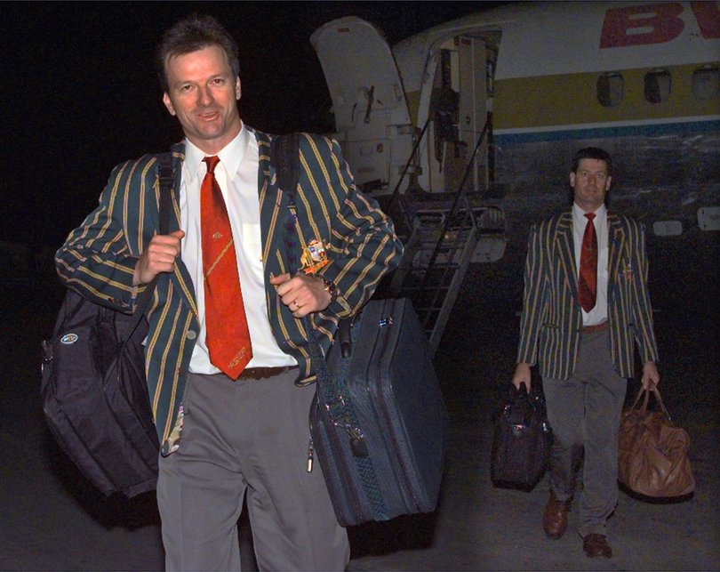 Steve Waugh, captain of the Australian cricket team, left, arrives in Antigua in 1999, for the Australian tour of the West Indies. 