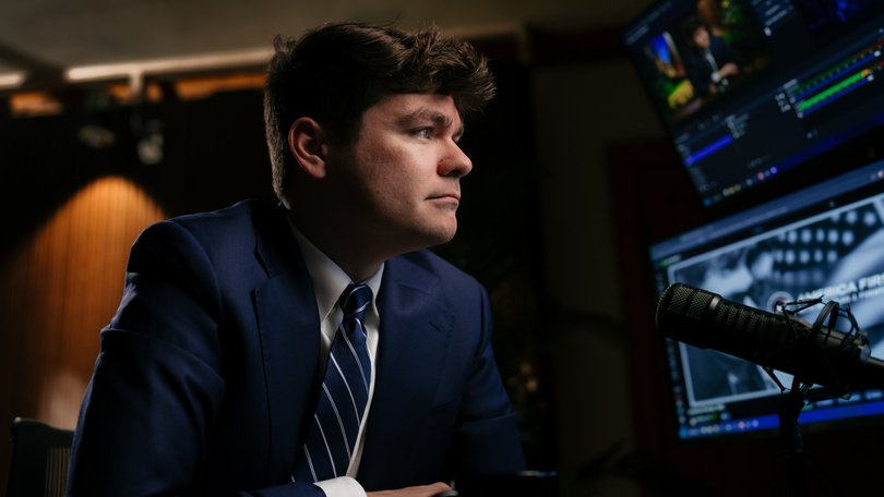 Nicholas Fuentes, the notorious white nationalist social media personality, in his streaming studio on September 8, 2025.