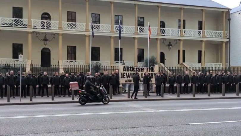 More than 60 members of the neo-Nazi National Socialist Network were permitted by police to rally on Macquarie St on Saturday.