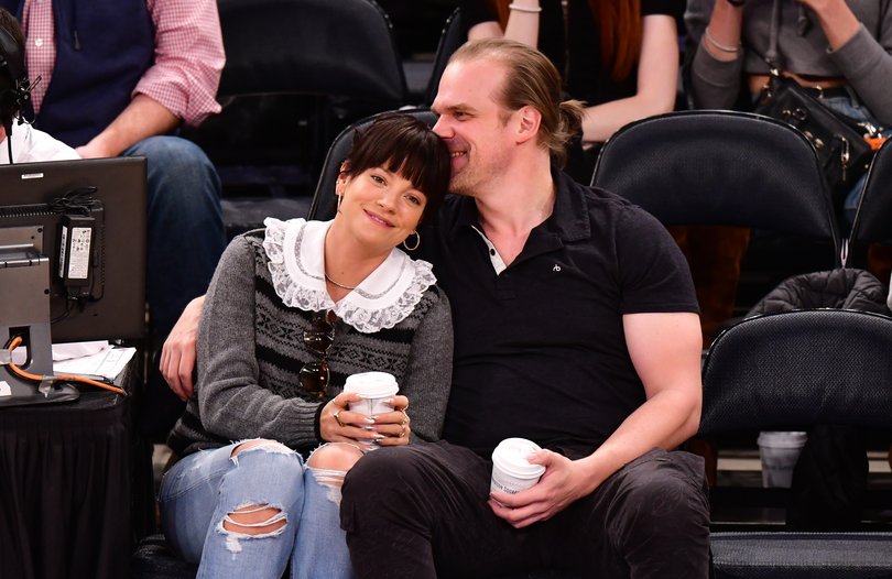 Lily Allen and David Harbour attend New York Knicks v New Orleans Pelicans preseason game at Madison Square Garden on October 18, 2019.