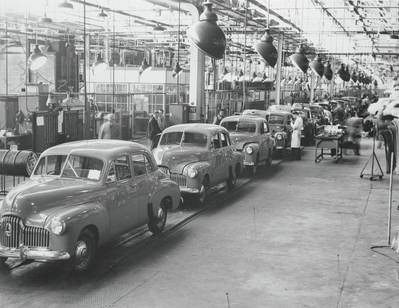 The first all-Australian motor, the "Holden," in mass production.