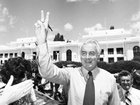 Gough Whitlam with Bob Hawke at a rally outside Parliament House in Canberra on 12 November 1975. 