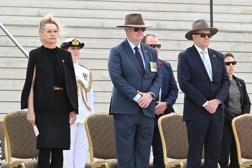 Leader of the Opposition Sussan Ley and Prime Minister Anthony Albanese during the Remembrance Day National Ceremony at the Australian War Memorial in Canberra. 