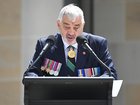 Retiring RSL President Greg Melick speaks during a Remembrance Day service at the Australian War Memorial in Canberra on Tuesday.