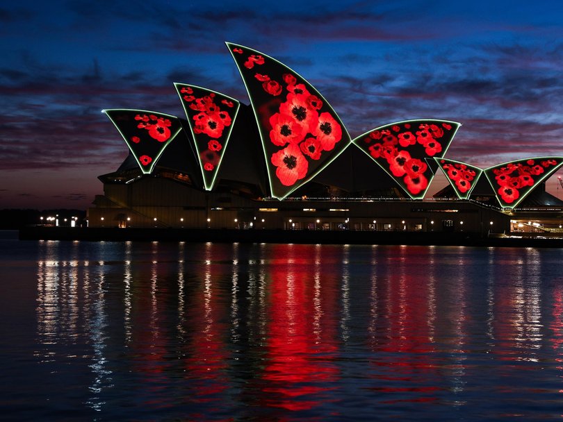 The Sydney Opera House was lit up with red poppies. Photo: NewsWire/ Gaye Gerard