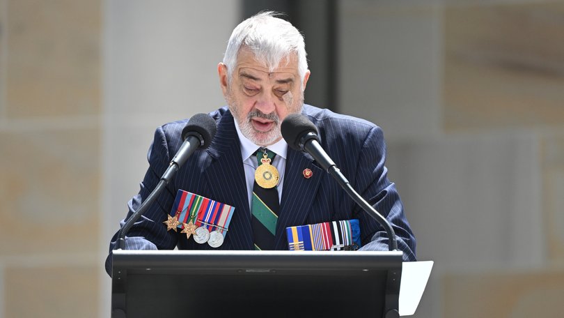 Retiring RSL President Greg Melick speaks during a Remembrance Day service at the Australian War Memorial, in Canberra.