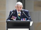 Retiring RSL President Greg Melick speaks during a Remembrance Day service at the Australian War Memorial, in Canberra.