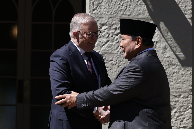 Australian Prime Minister Anthony Albanese shakes hands with Indonesian President Prabowo Subianto outside Kirribilli House on Wednesday.