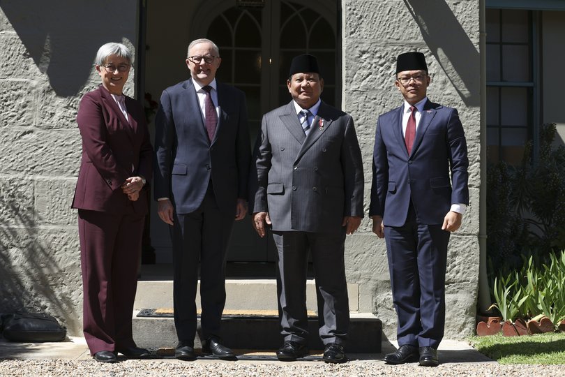 Australian Foreign Minister Penny Wong and Prime Minister Anthony Albanese welcome Indonesian President Prabowo Subianto and Foreign Minister Sugiono to Kirribilli House.