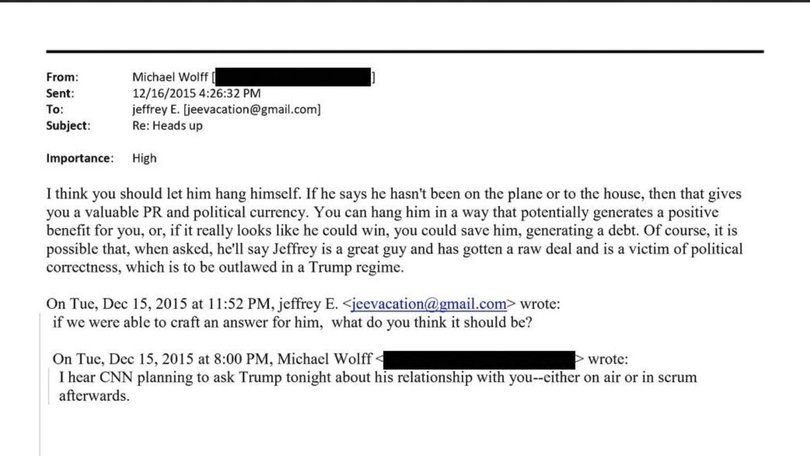 Epstein and Michael Wolff strategise around a Trump media appearance.