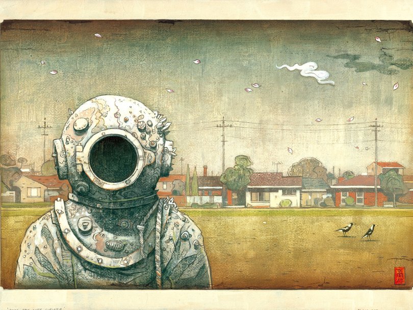 An original illustration of a pearl diver featured in Tales From Outer Suburbia by Shaun Tan, published in 2008.