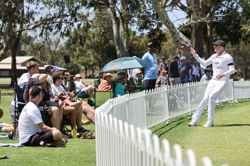 England Test squad take on English Lions in a practise match at Lilac Hill, Guildford, on Thursday ahead of the 2025 Ashes. A spectator retrieves the ball for England’s Harry Brook.