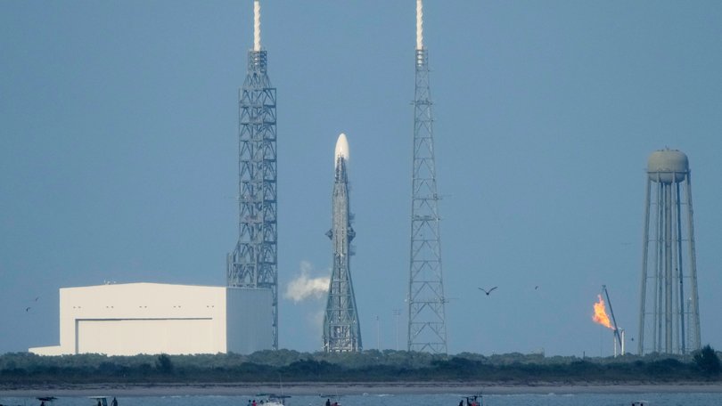 A Blue Origin New Glenn rocket stands ready on Launch Complex 36 at the Cape Canaveral Space Force Station in Cape Canaveral.
