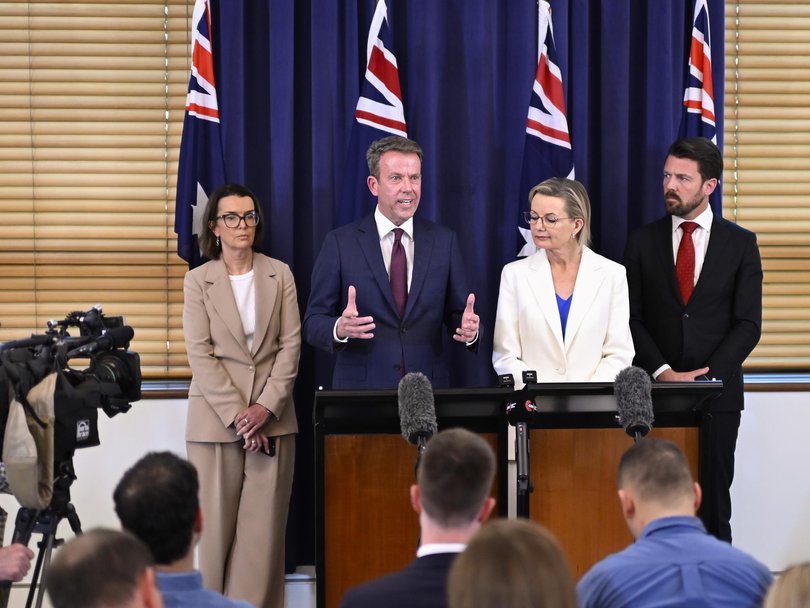 Leader of the Opposition Sussan Ley, Dan Tehan MP, Senator Anne Ruston and Senator Jonathon Duniam talk abotu the party’s Net Zero stance. Picture: NewsWire / Martin Ollman