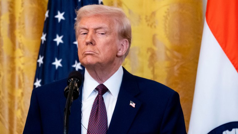 US President Donald Trump during a news conference with Narendra Modi, India's prime minister, not pictured, in the East Room of the White House in Washington, DC, US, on Thursday, Feb. 13, 2025. The head of the world s most populous nation faces a minefield in negotiations with Trump, who has signaled that India remains a potential tariff target despite a deepening partnership between the two countries. Photographer: Stefani Reynolds/Bloomberg