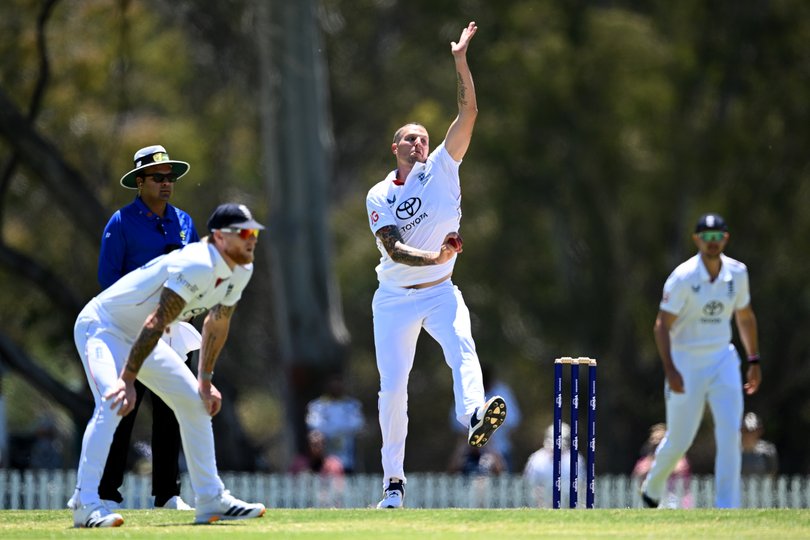 PERTH, AUSTRALIA - NOVEMBER 15: Brydon Carse of England bowls during the practice match between England and the Lions at Lilac Hill on November 15, 2025 in Perth, Australia. (Photo by Gareth Copley/Getty Images)
