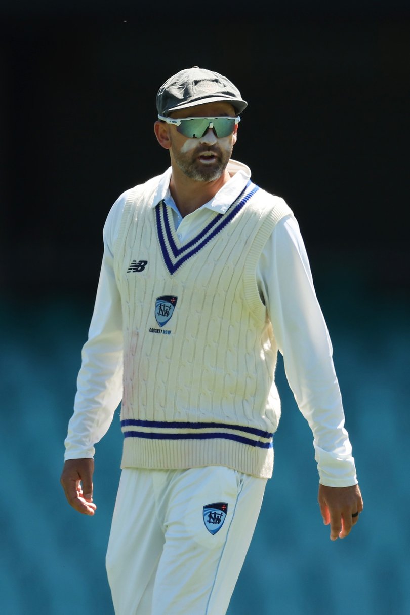 SYDNEY, AUSTRALIA - NOVEMBER 12: Nathan Lyon of New South Wales looks on during day three of the Sheffield Shield match between New South Wales and Victoria at Sydney Cricket Ground, on November 12, 2025, in Sydney, Australia. (Photo by Matt King/Getty Images)