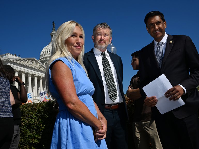 From left, US lawmakers Marjorie Taylor Greene, Thomas Massie and Ro Khanna have been pushing to compel the Justice Department to release all the files it has on convicted sex offender Jeffrey Epstein. 