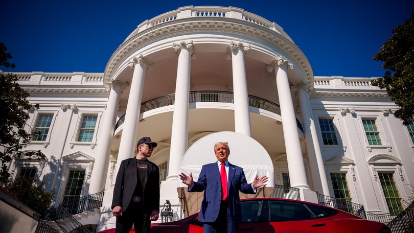 President Donald Trump and Elon Musk talk Tesla on the South Lawn of the White House in March. 