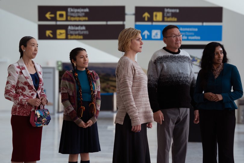From left, Sharon Gee, Darinka Arones, Rhea Seehorn, Amarburen Sanjid and Menik Gooneratne in “Pluribus.” MUST CREDIT: Apple TV
