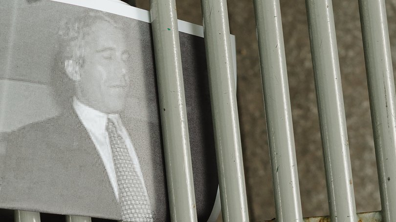 FILE — An image of Jeffrey Epstein is seen stuck in a bench during a No Kings Day protest in Houston, June 14, 2025. (Ariana Gomez/The New York Times)