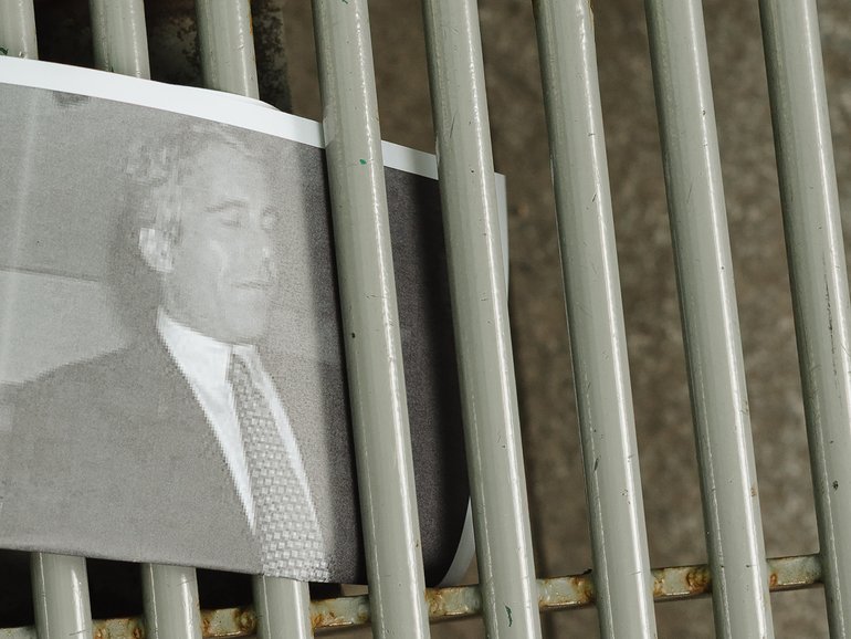 FILE — An image of Jeffrey Epstein is seen stuck in a bench during a No Kings Day protest in Houston, June 14, 2025. (Ariana Gomez/The New York Times)