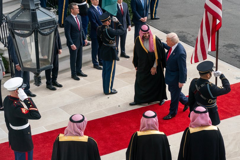 Donald Trump greets Saudi Crown Prince Mohammed bin Salman at the White House. Credit: Nathan Howard / Pool via CNP