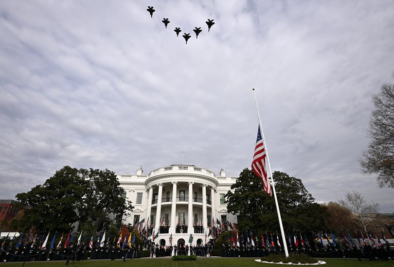 Military aircraft fly over the White House during bin Salman's arrival Tuesday. MUST CREDIT: Matt McClain/The Washington Post