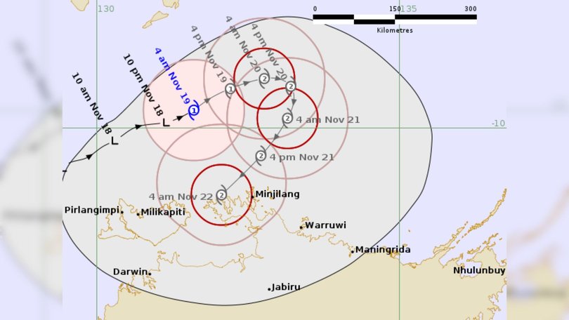 Tropical Cyclone track maps currently show Fina swinging back around towards Darwin.