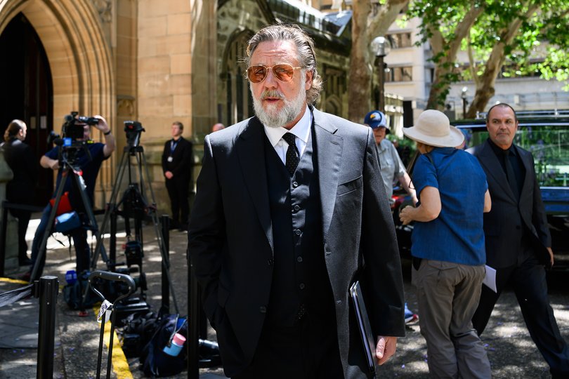 Russel Crowe departs the state funeral service for Johns Laws at St Andrews Anglican Cathedral in Sydney, Wednesday, November 19, 2025. (AAP Image/Bianca De Marchi) NO ARCHIVING