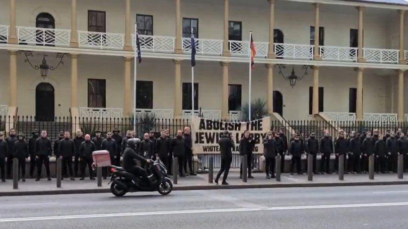 The National Socialist Network nazi group rallying outside NSW parliament.