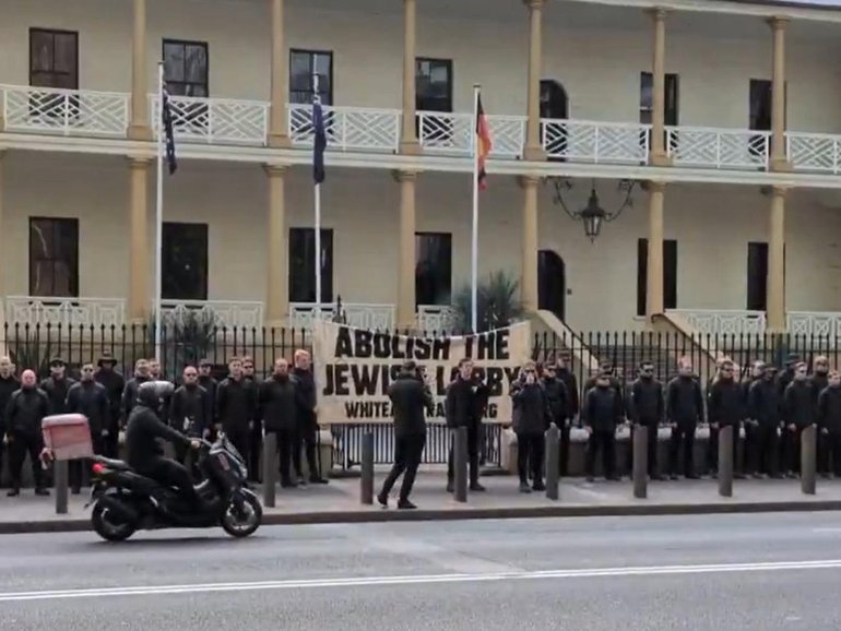 The National Socialist Network nazi group rallying outside NSW parliament.