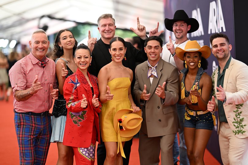 SYDNEY, AUSTRALIA - NOVEMBER 19: Anthony Field, Lucia Field, Caterina Mete, Simon Pryce, John Pearce, Lachlan Gillespie, Tsehay Hawkins and Dominic Field of The Wiggles attend the 2025 ARIA Awards at Hordern Pavilion at Hordern Pavilion on November 19, 2025 in Sydney, Australia. (Photo by Wendell Teodoro/Getty Images)