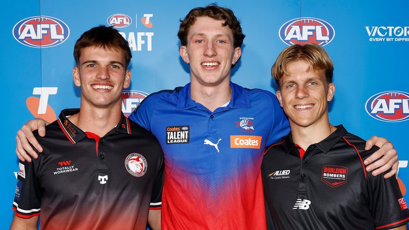(L-R) Daniel Annable (Brisbane Lions Academy), Willem Duursma (Gippsland Power) and Zeke Uwland (Gold Coast SUNS Academy) arrive at the draft.